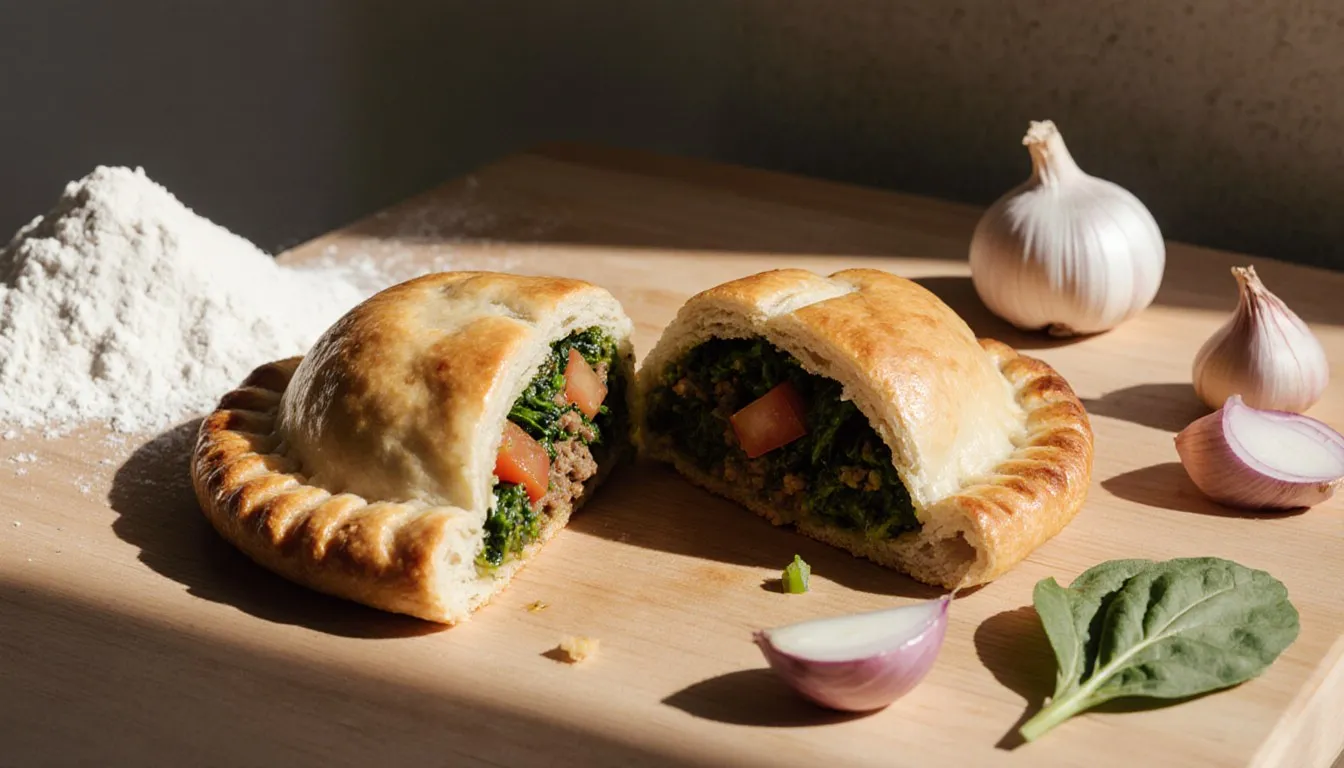 A sliced golden meat pie with beef and spinach filling beside spinach leaves, onion, and flour on a wooden board