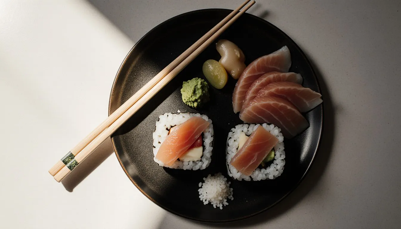 A plate comparing hand-pressed nigiri rice mounds with plain sliced sashimi, no rice beneath the fish