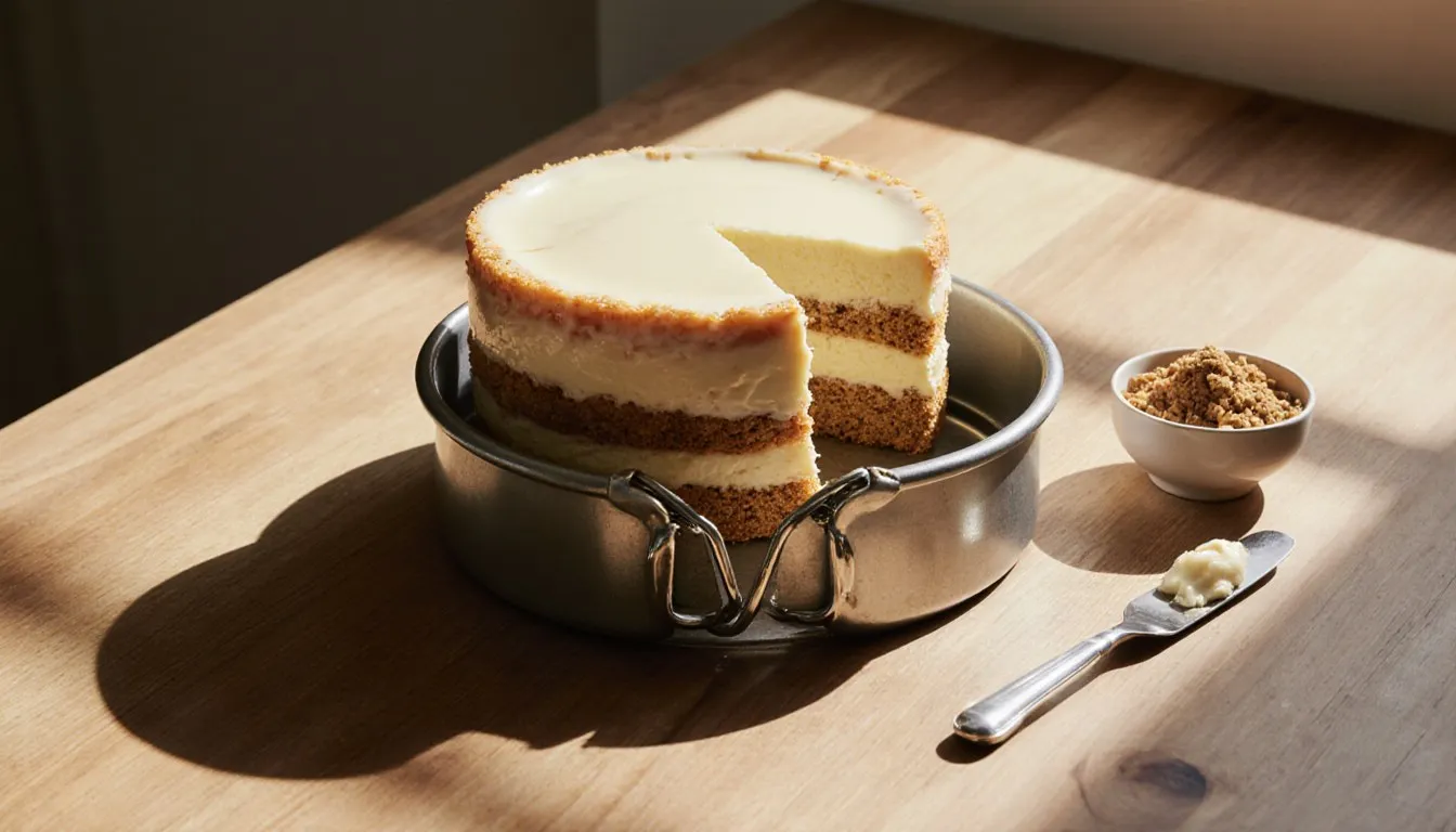 An icebox cake unmolded from a springform pan, its cut edge showing set layers over a graham cracker crust