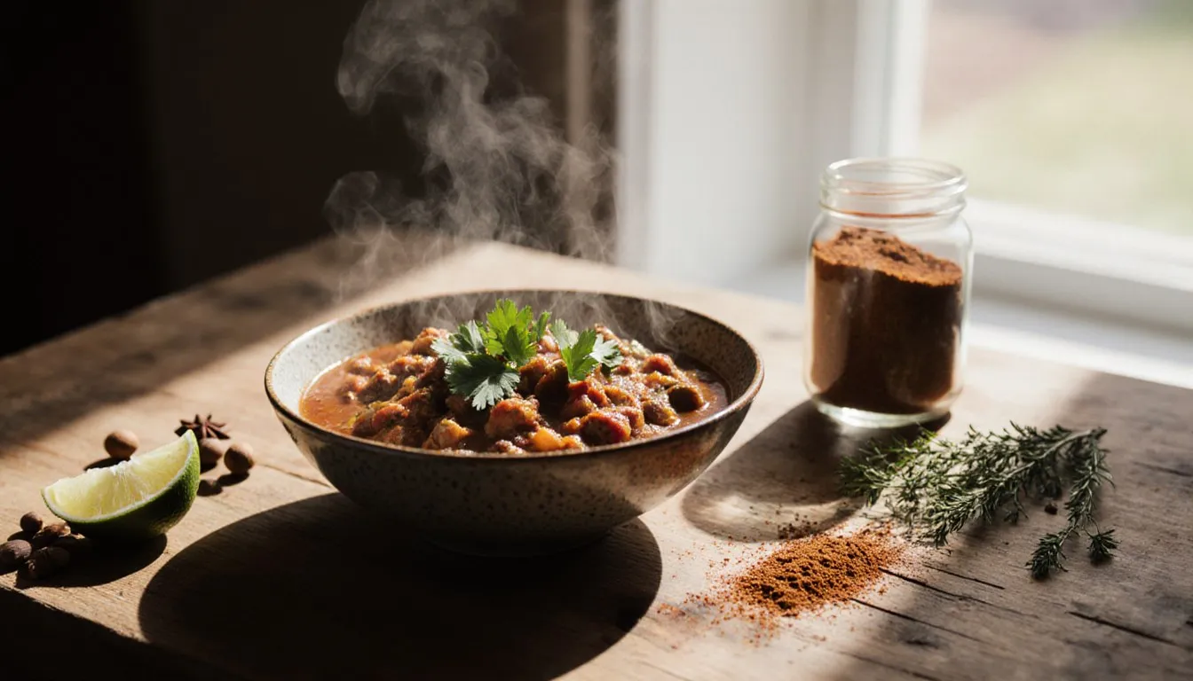 Bowl of turkey chili with fresh herbs and a jar of homemade spice blend on a wooden table
