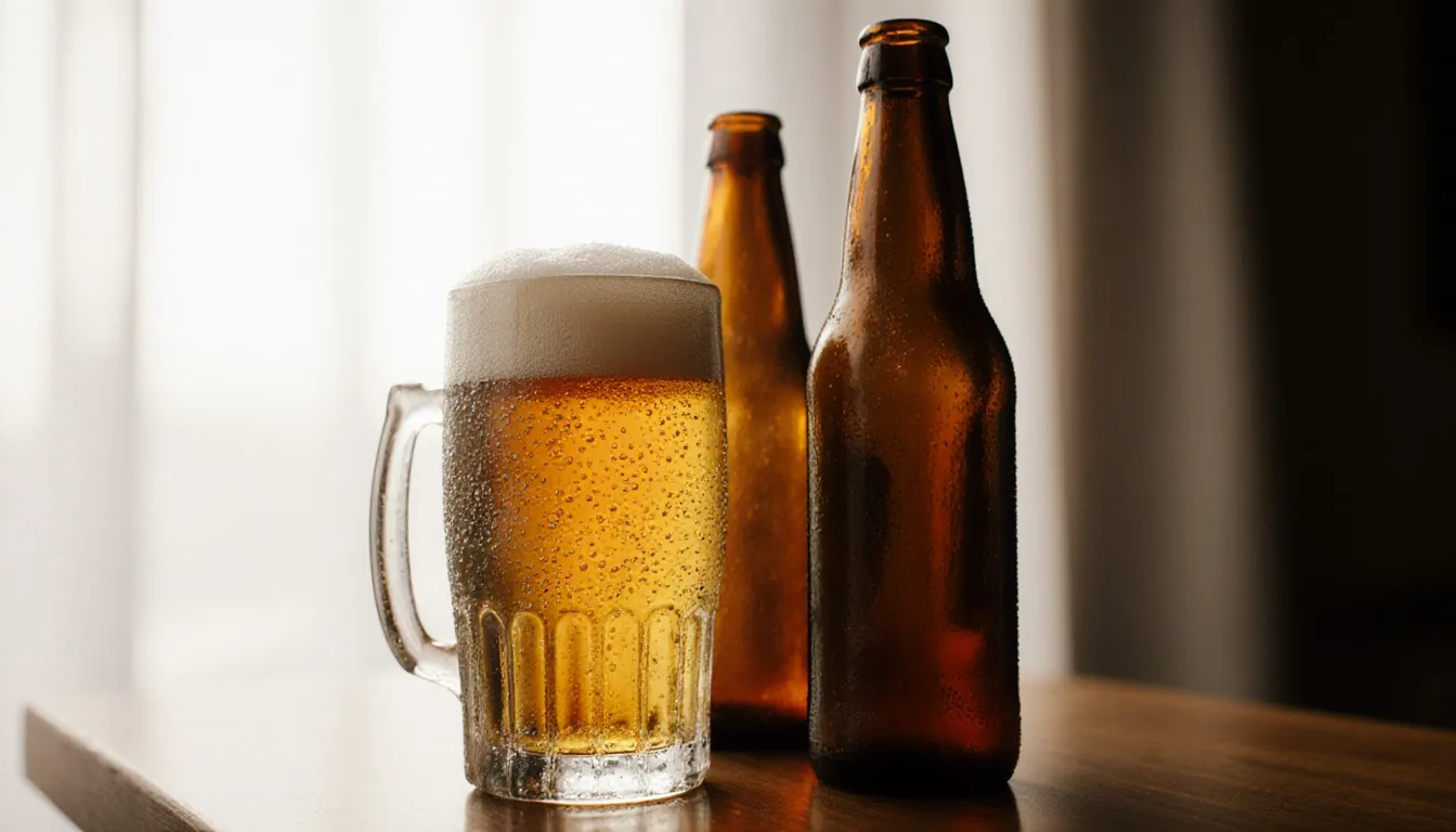 Unmarked beer bottles and a foam-topped glass of non-alcoholic beer on a bar counter