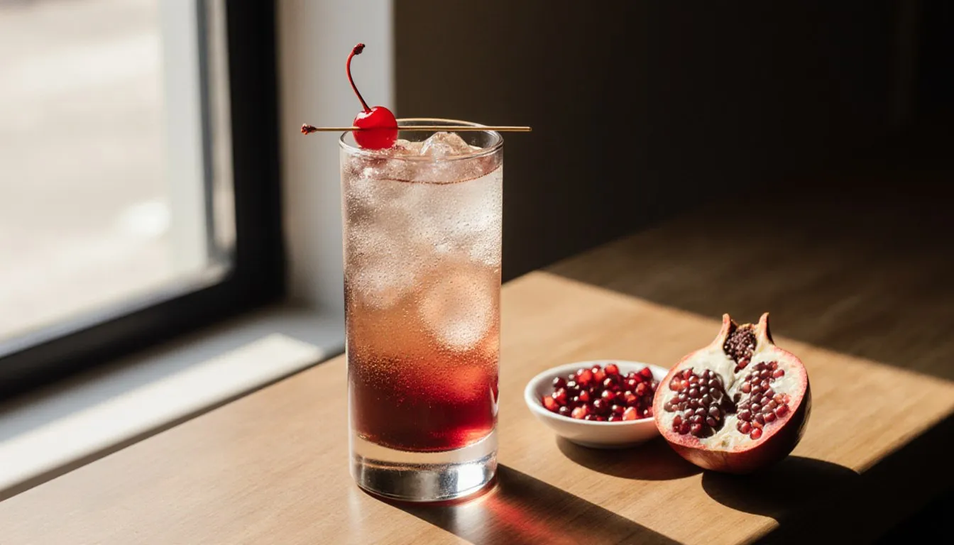 A red-gradient grenadine mocktail with a cherry garnish beside fresh pomegranate seeds