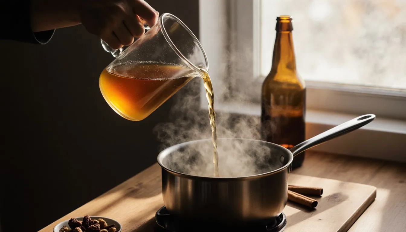 Apple cider being poured into a simmering pan beside an unlabeled bottle, illustrating a non-alcoholic cooking substitute