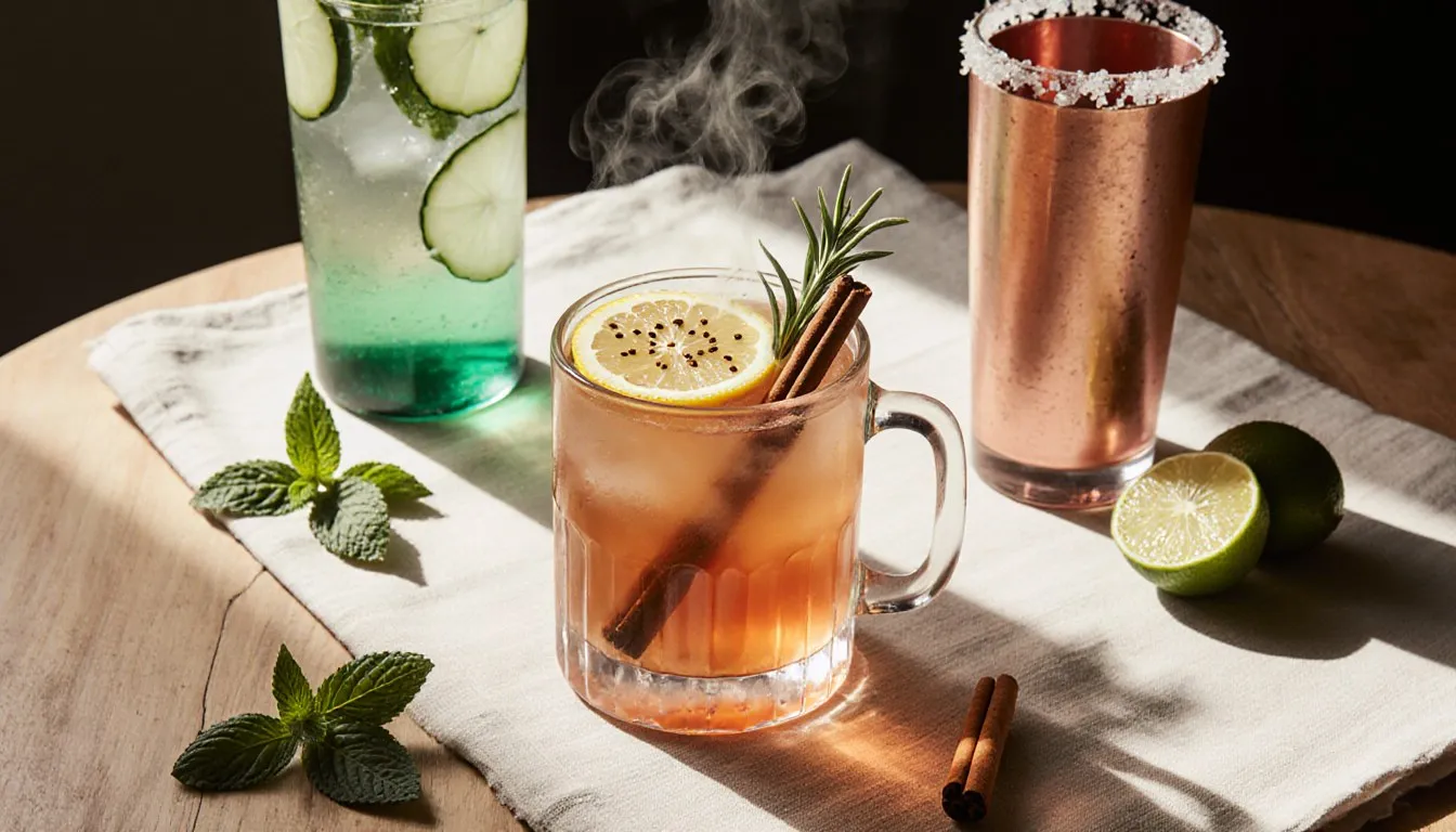 A warm spiced mocktail and pale green vegetable-infused tonic drink arranged on a table with citrus garnishes