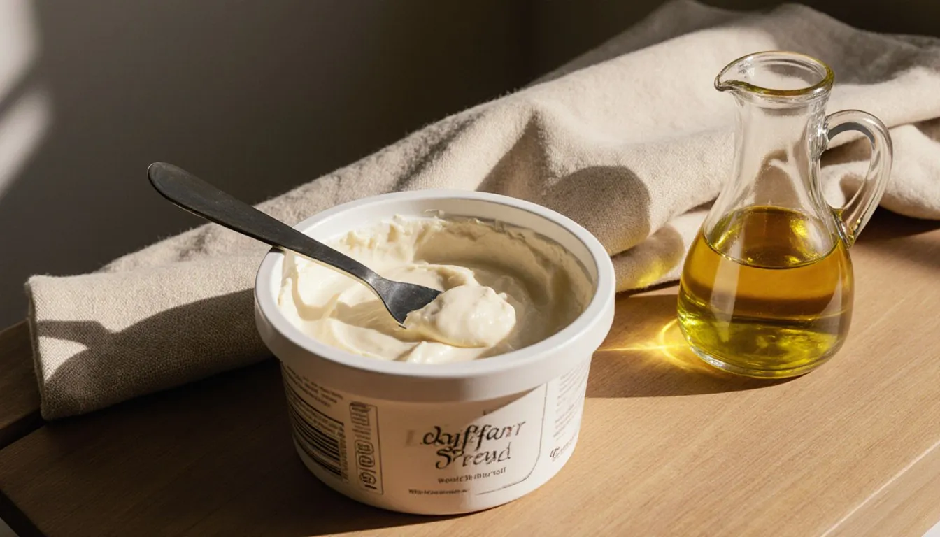 A tub of dairy-free butter spread with a knife beside a small cruet of cooking oil on a wooden counter