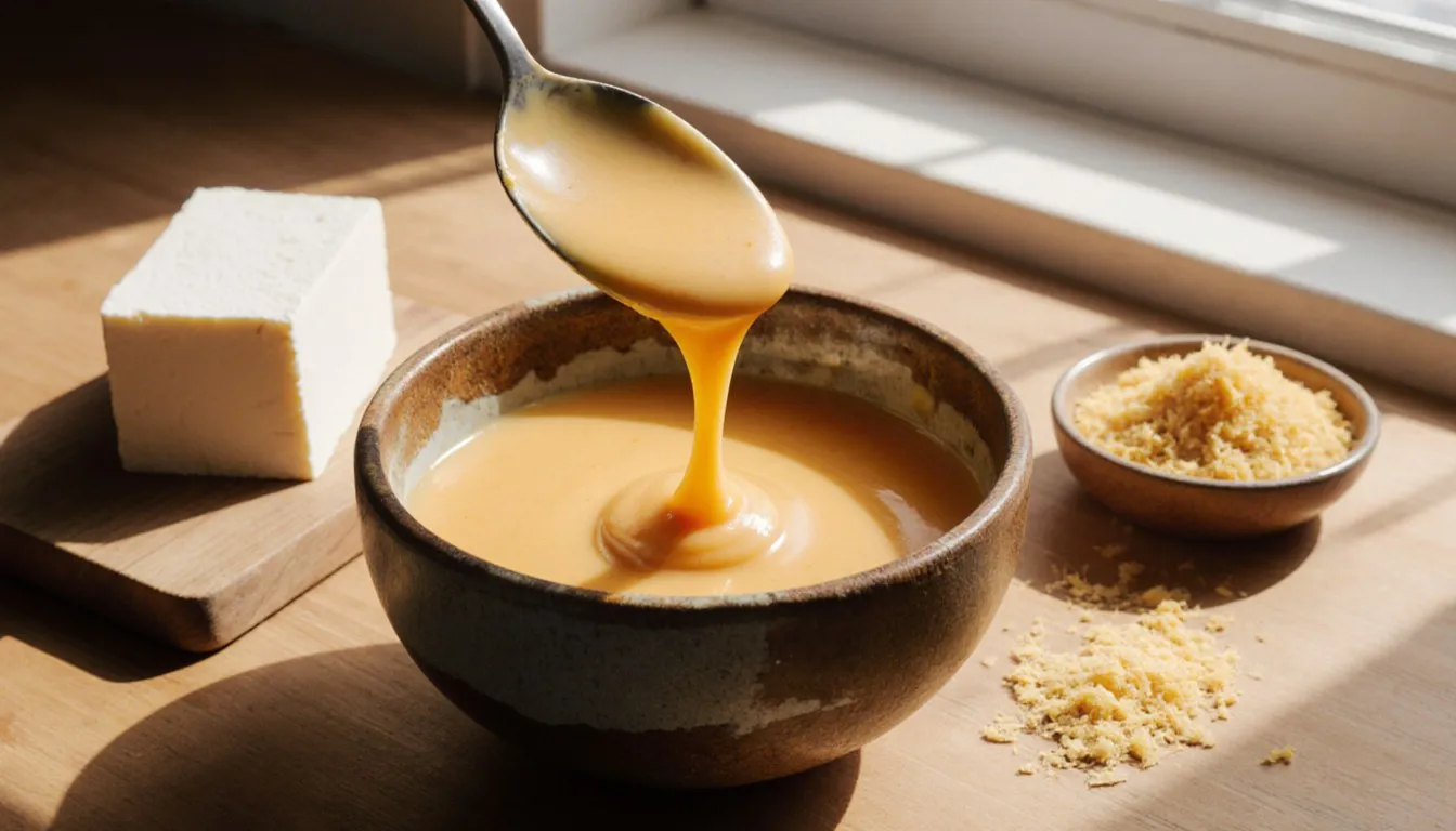 A bowl of creamy non-dairy cheese sauce with tofu and nutritional yeast on a wooden counter