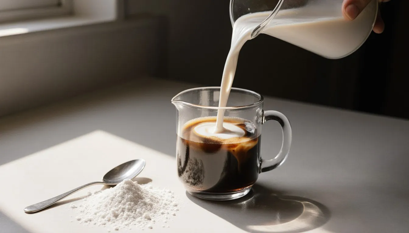 A spoonful of powdered non-dairy creamer beside a cup of coffee with liquid creamer swirling in