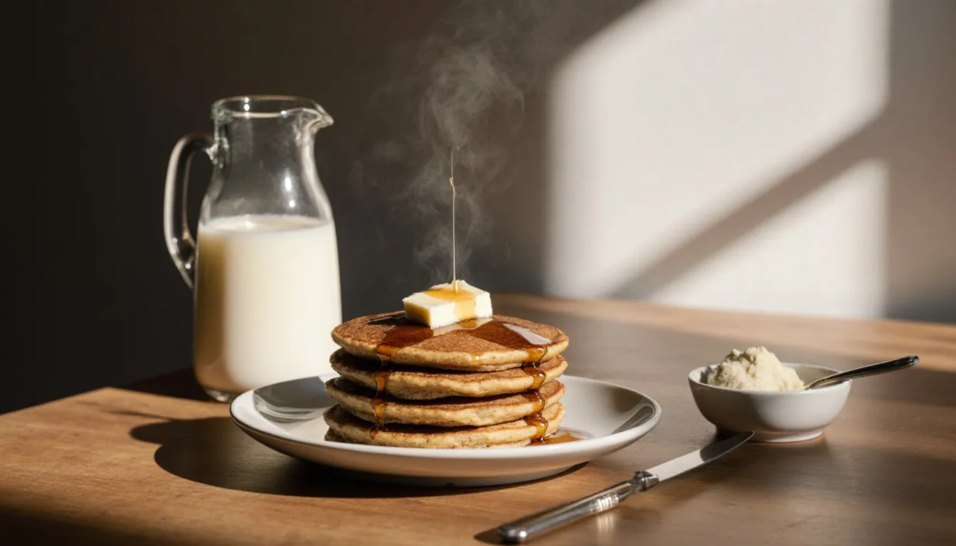 A stack of pancakes beside a jug of plant-based milk and a dish of dairy-free spread