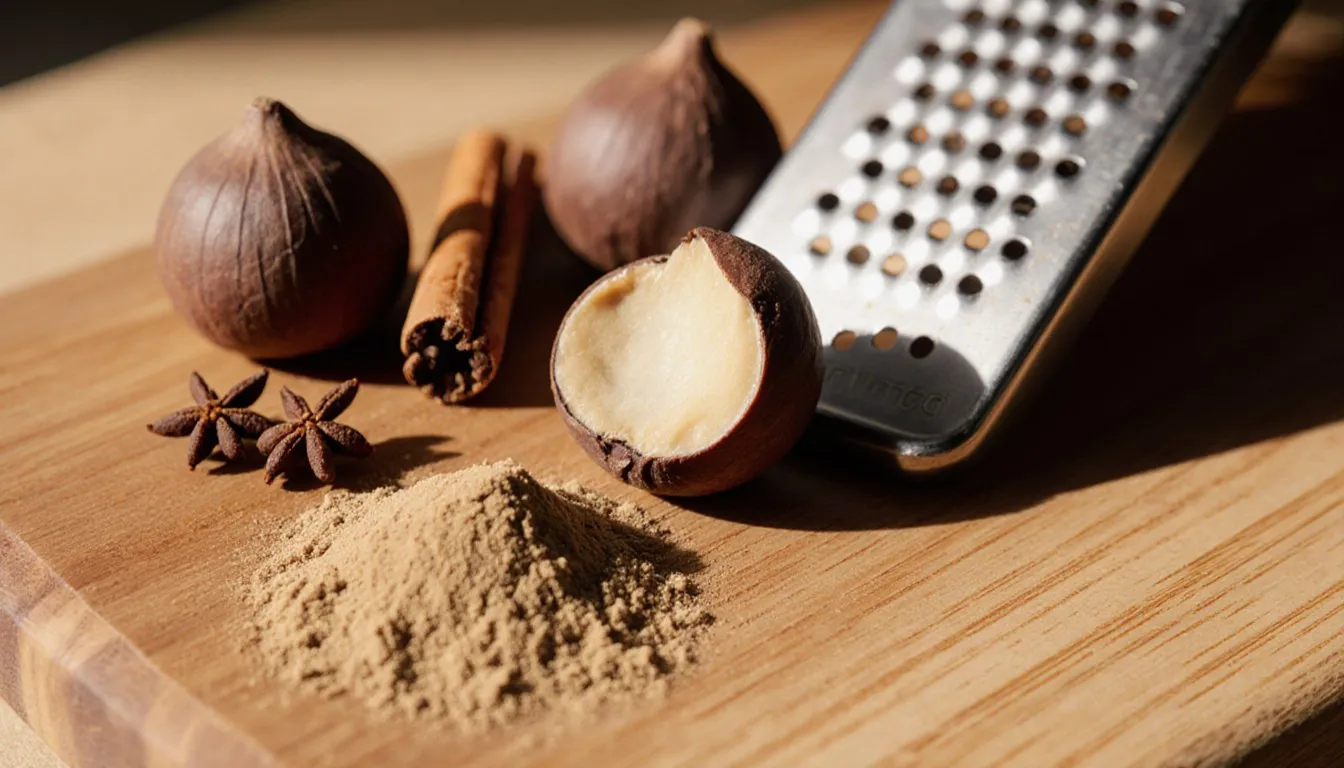 Whole nutmeg seeds and freshly grated nutmeg beside cinnamon and cloves on a wooden board