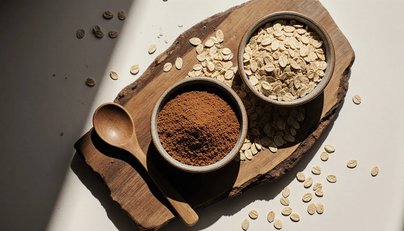 Bowls of wheat bran, rolled oats, and rice bran arranged as oat bran substitutes on a wooden board