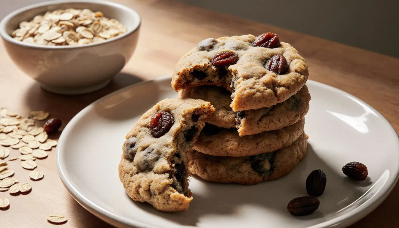 Stack of golden oatmeal raisin cookies with a bowl of rolled oats and scattered raisins beside them