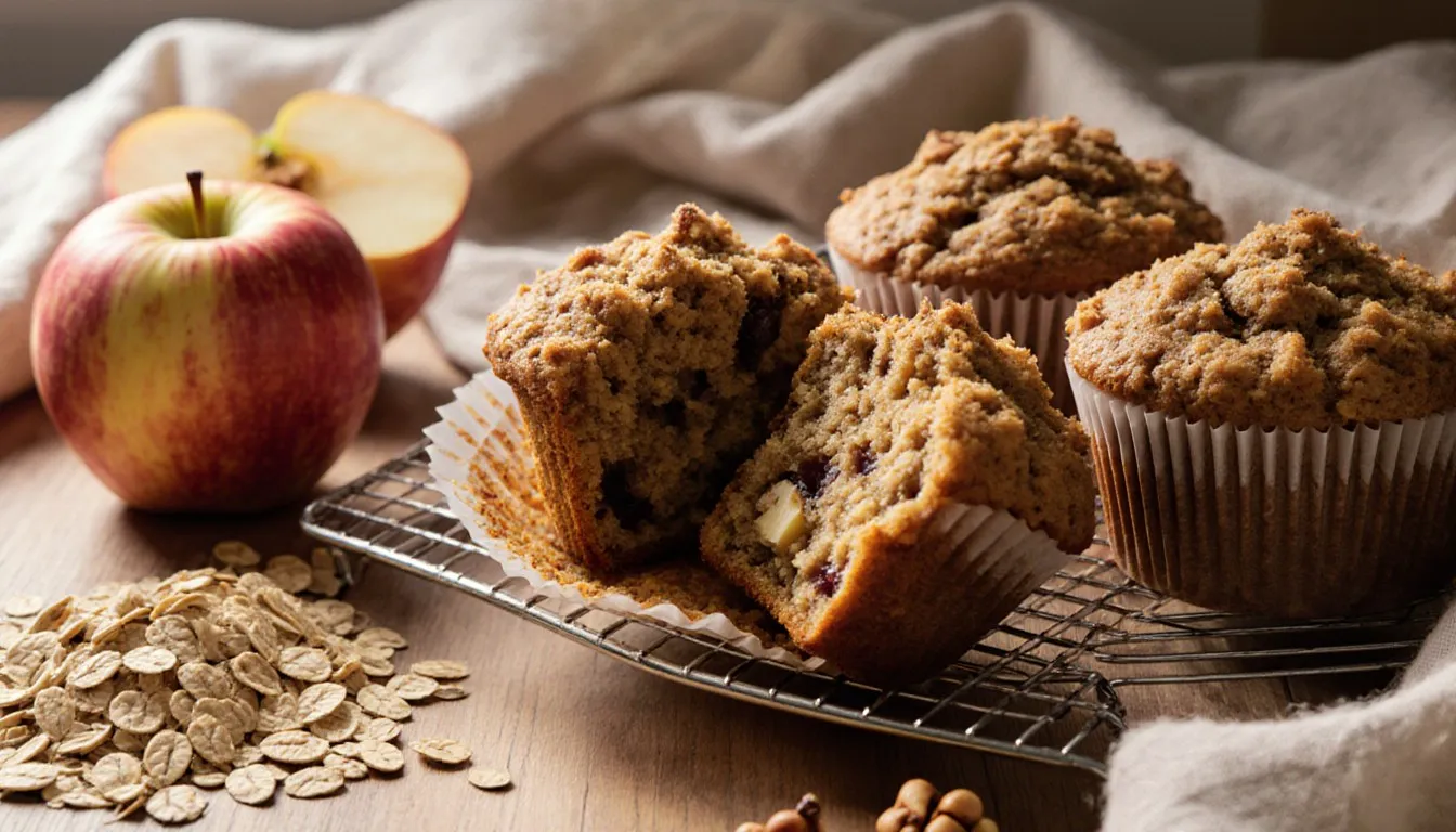 Golden oatmeal muffins with apple and walnut pieces cooling on a rack beside oats and a cut apple