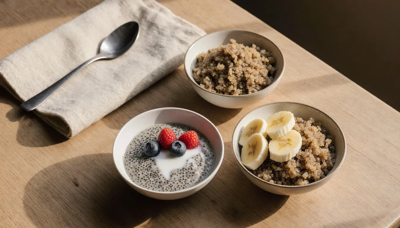 Three breakfast bowls of chia pudding, quinoa, and brown rice as oatmeal substitutes