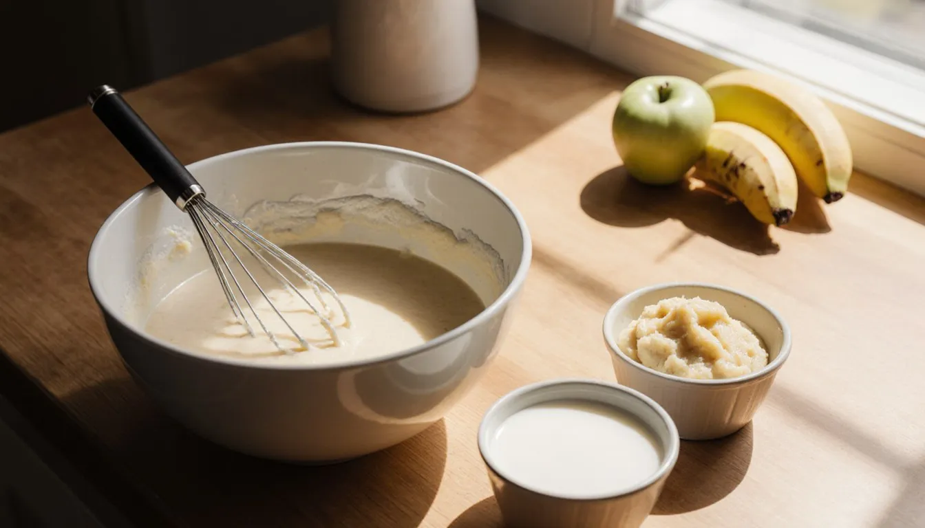Bowls of applesauce, mashed banana, and yogurt beside cake batter, common oil substitutes for baking
