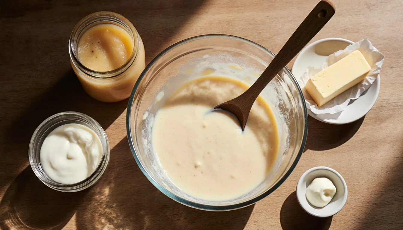 Cake batter in a bowl surrounded by applesauce, yogurt, and butter, common substitutes for oil in cake mix