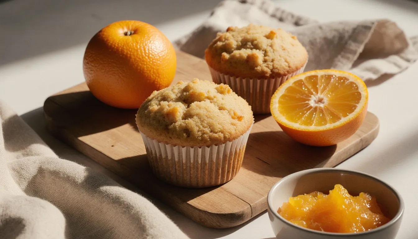 Freshly baked orange pulp muffins beside a halved orange and a bowl of scraped orange pulp on a wooden board