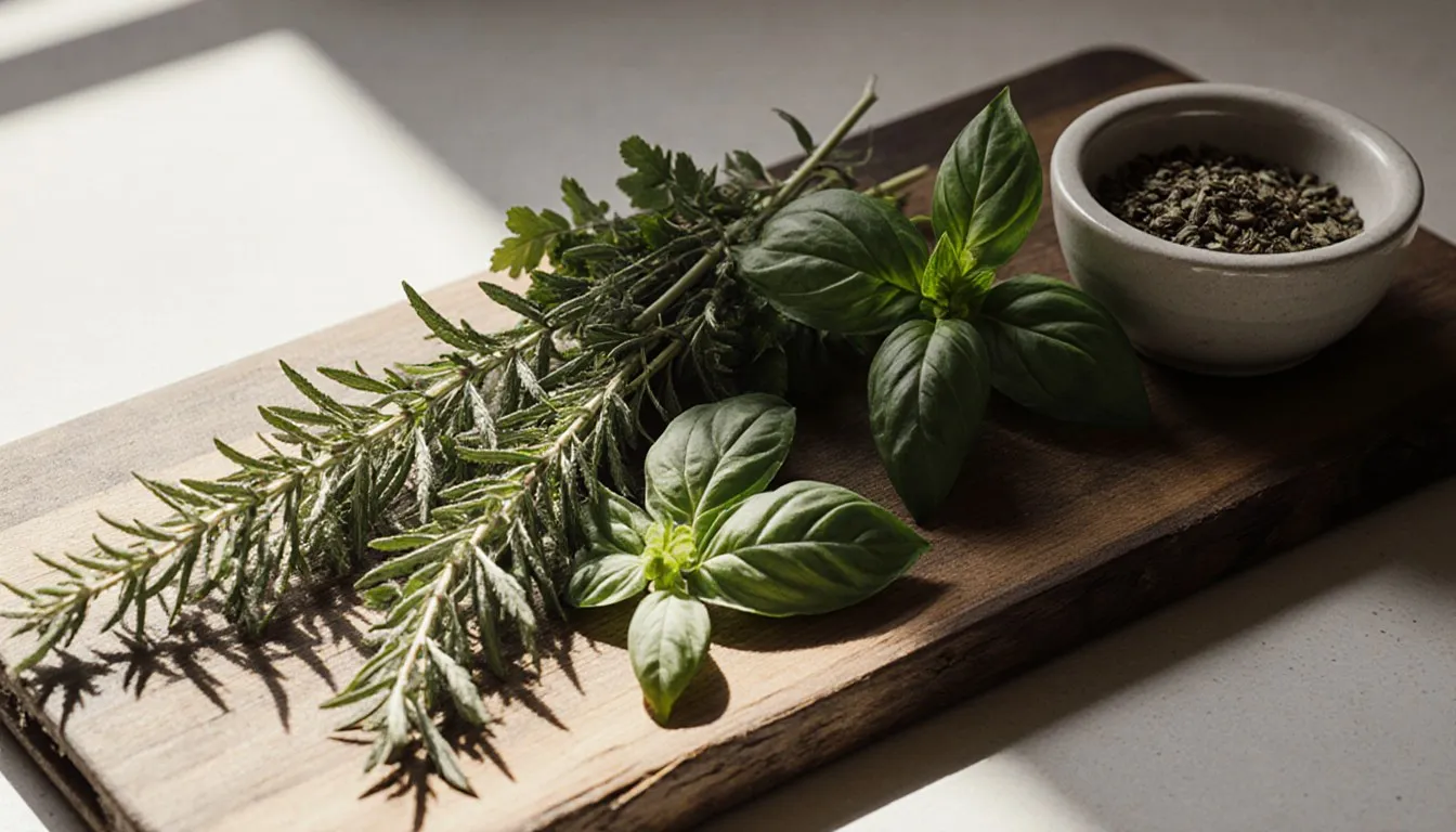 Fresh oregano, marjoram, basil, and parsley sprigs arranged on a wooden board as herb substitute options