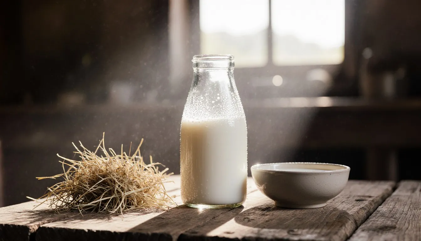 A glass bottle of fresh milk on a rustic farmhouse table with hay, evoking organic dairy farming