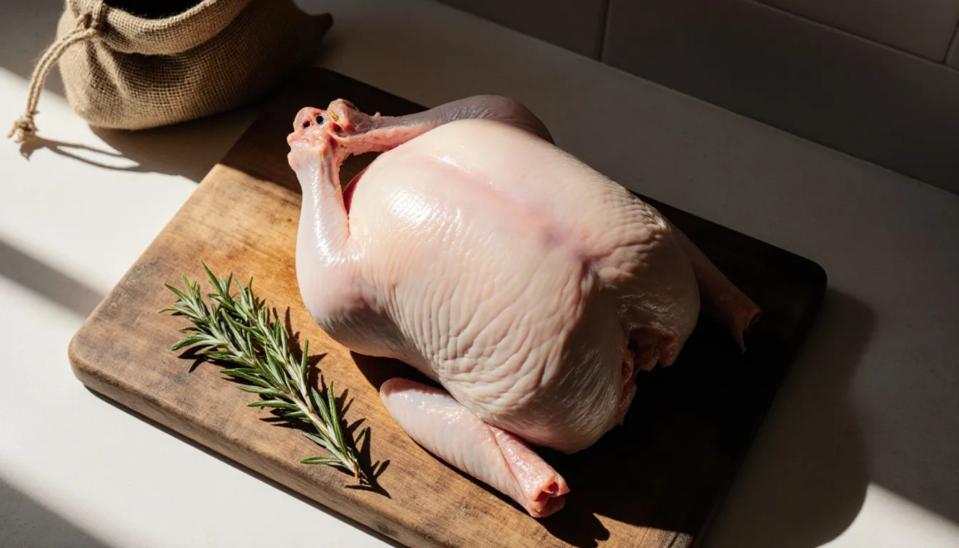 A whole raw organic chicken on a wooden cutting board with fresh herb sprigs