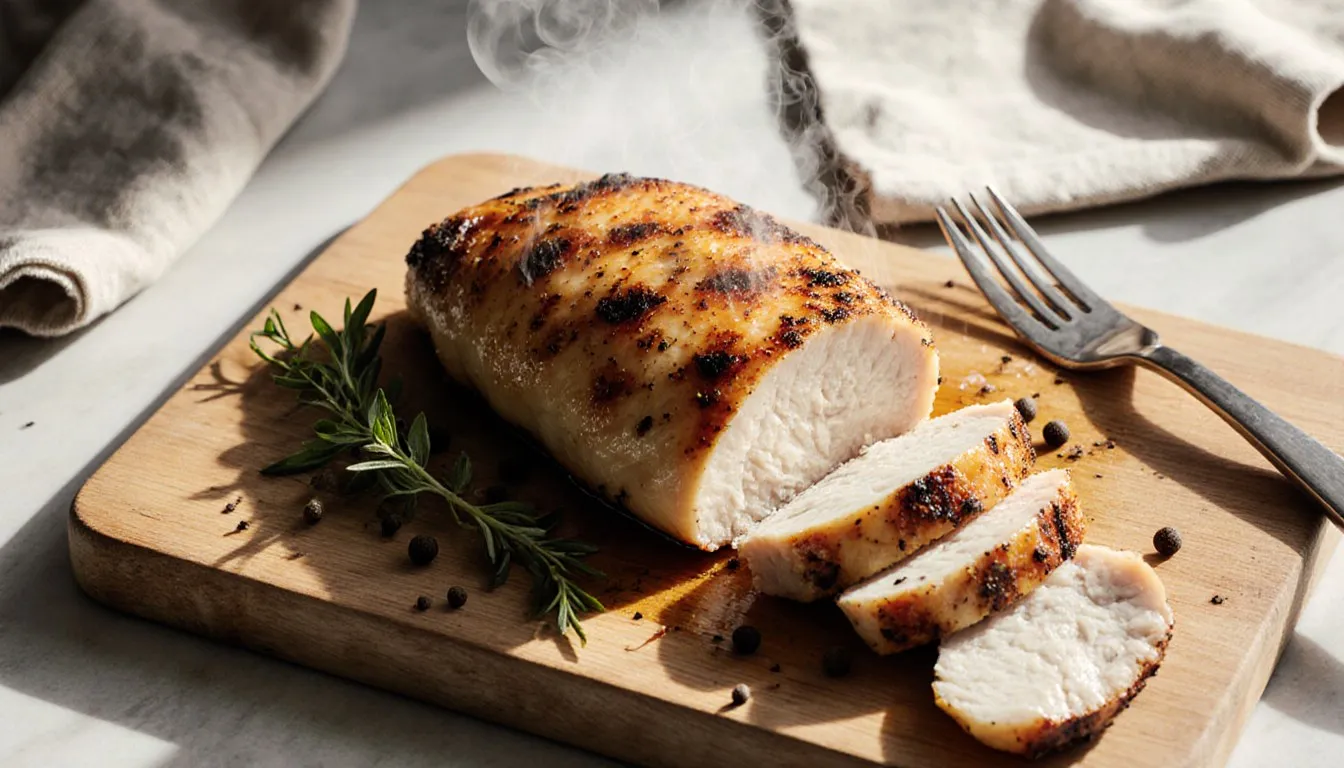 Sliced golden oven-baked chicken breast on a wooden cutting board with fresh herbs
