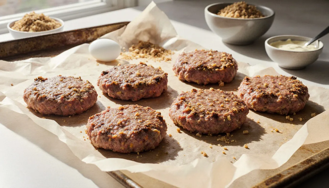 Uncooked seasoned hamburger patties on a baking sheet, ready for the oven, with breadcrumbs and egg nearby