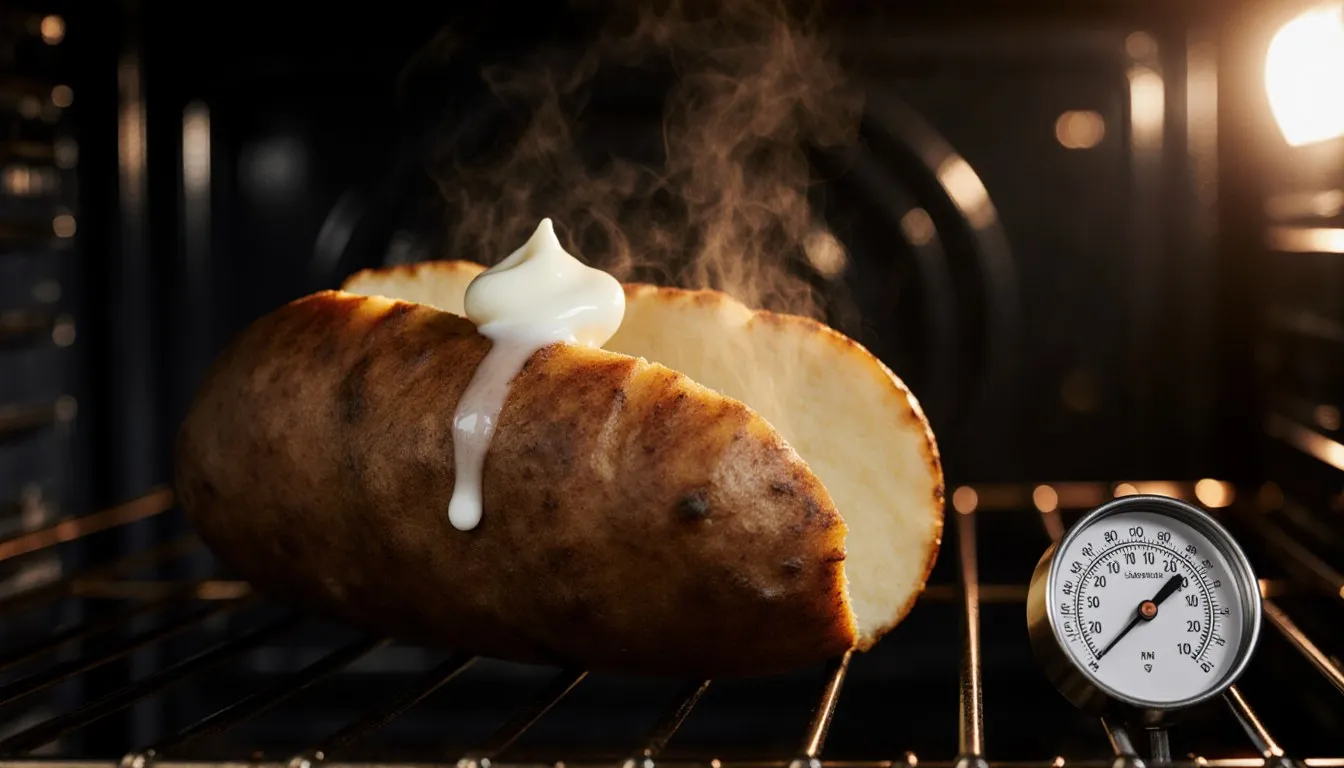 A crisp golden baked potato split open with butter and sour cream, resting on an oven rack beside a thermometer