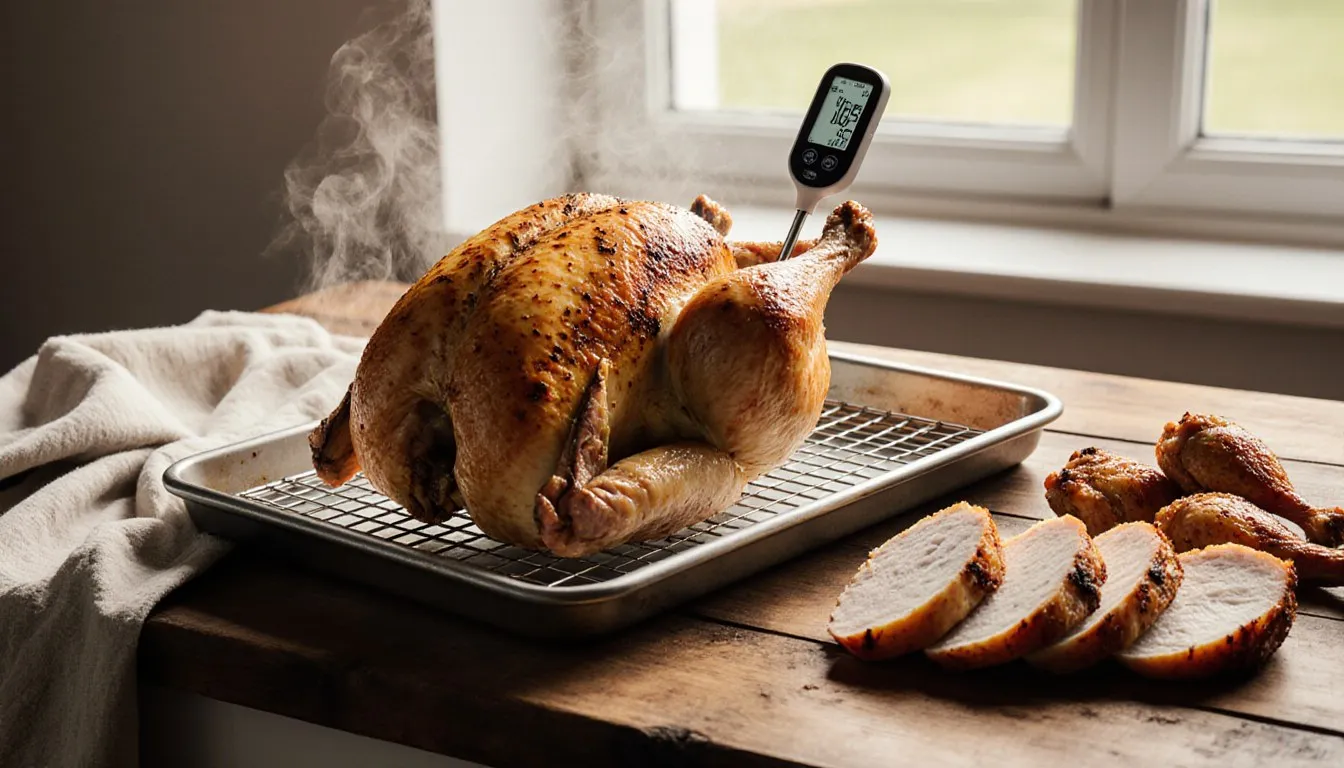 A roasted whole chicken with a meat thermometer beside baked wings and a sliced chicken breast