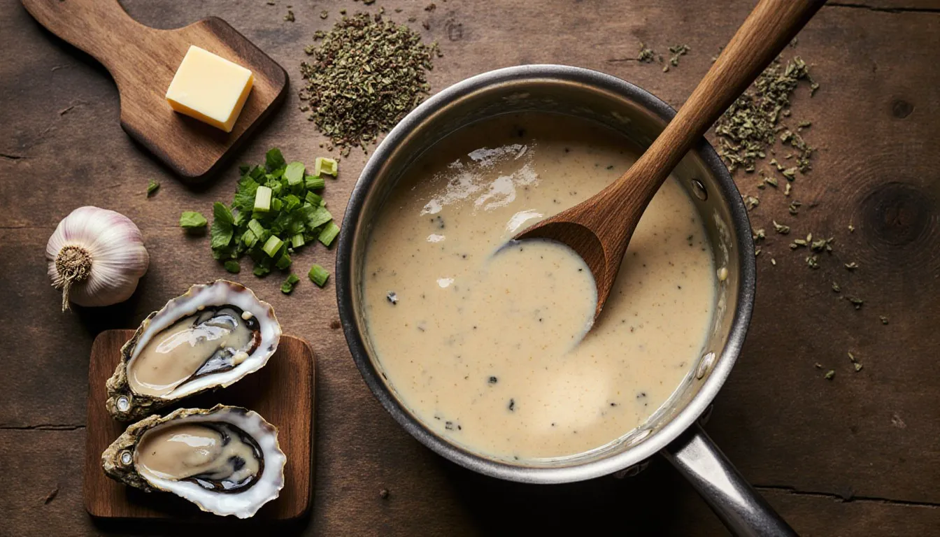 A pot of creamy oyster sauce with a wooden spoon, surrounded by oysters, green onion, garlic, and butter