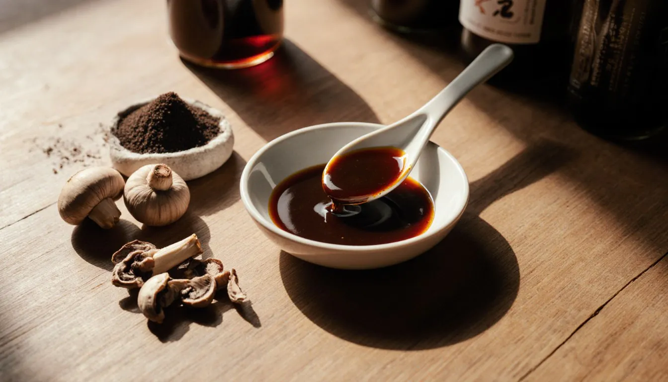 Spoonful of oyster sauce beside soy sauce and fish sauce, common substitutes for the ingredient