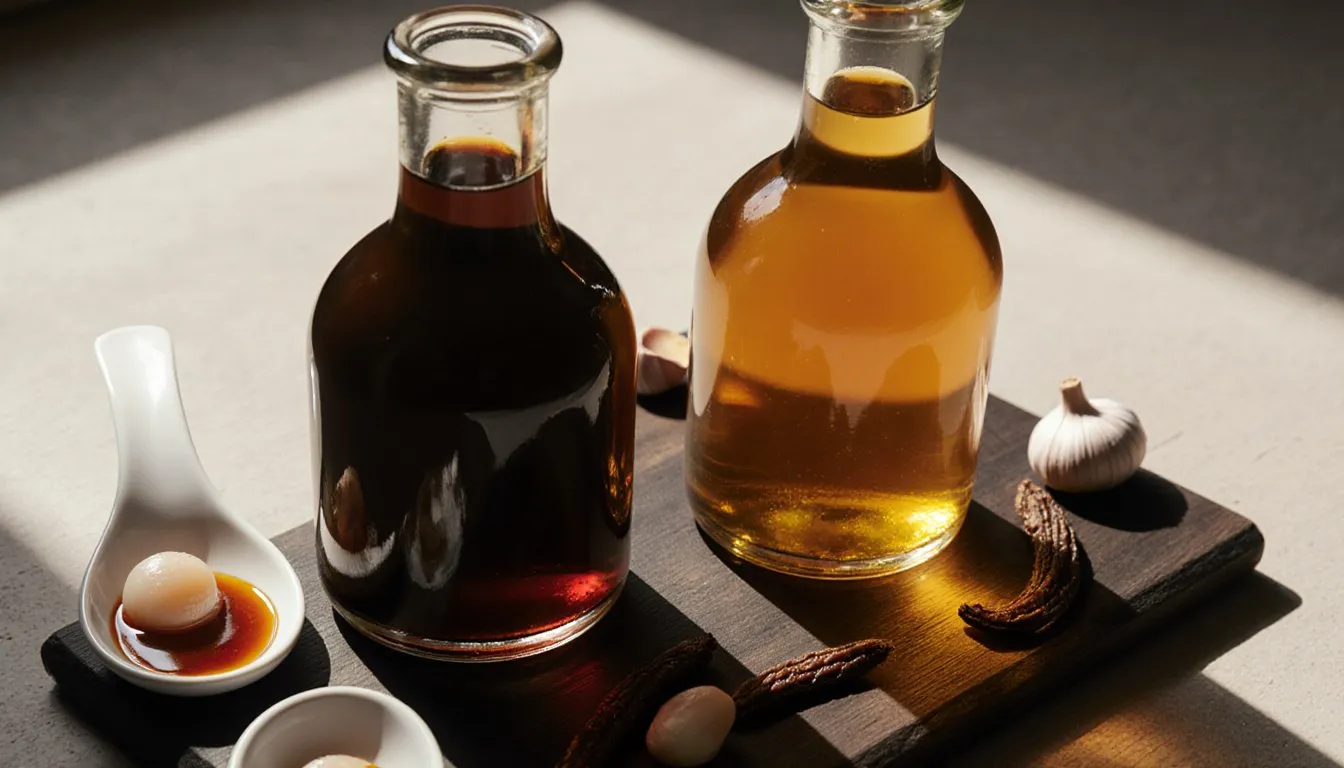Two unlabeled bottles of dark oyster sauce and pale fish sauce with spoons showing their color and texture