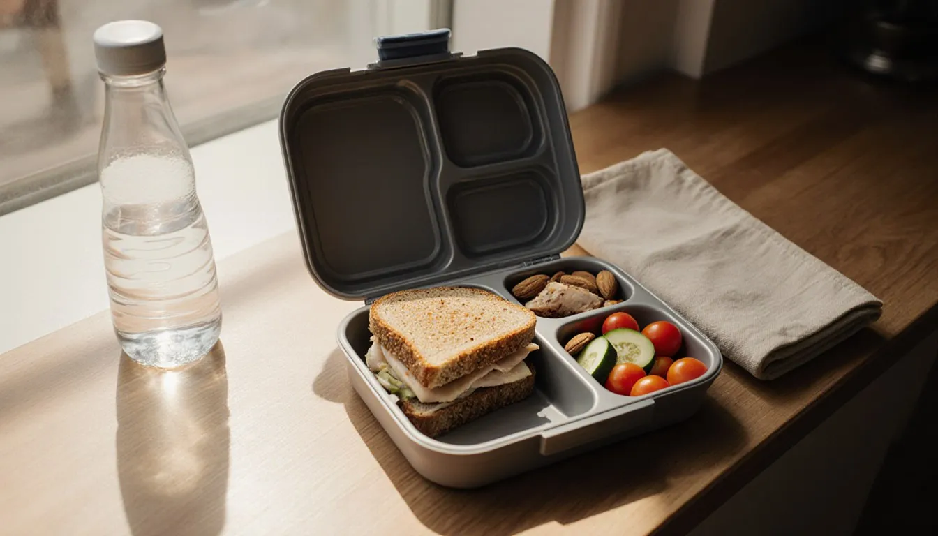 A compartmentalized lunch box packed with a sandwich, vegetables, fruit, and grilled chicken on a kitchen counter
