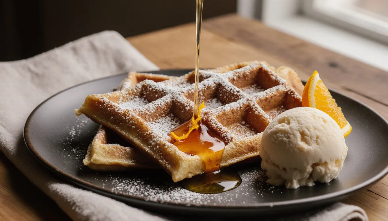 Powdered-sugar waffles under a stream of syrup, with a scoop of vanilla ice cream and an orange wedge on a dark plate