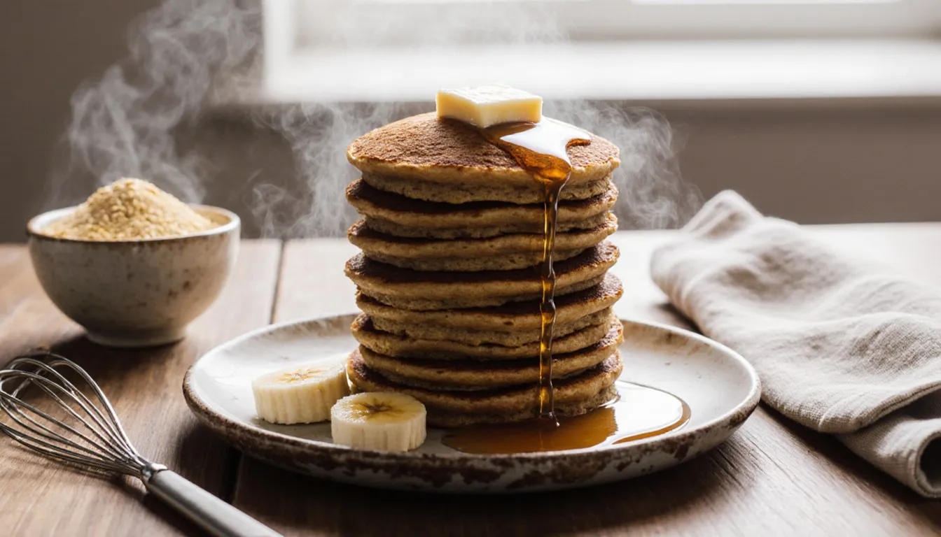 A stack of golden pancakes topped with butter and syrup, beside cornmeal and banana slices
