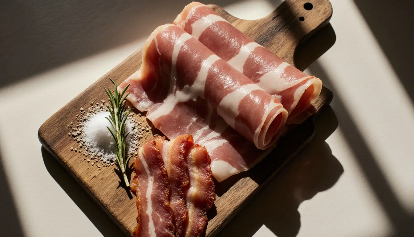 Sliced prosciutto and raw bacon strips on a wooden board, common substitutes for pancetta