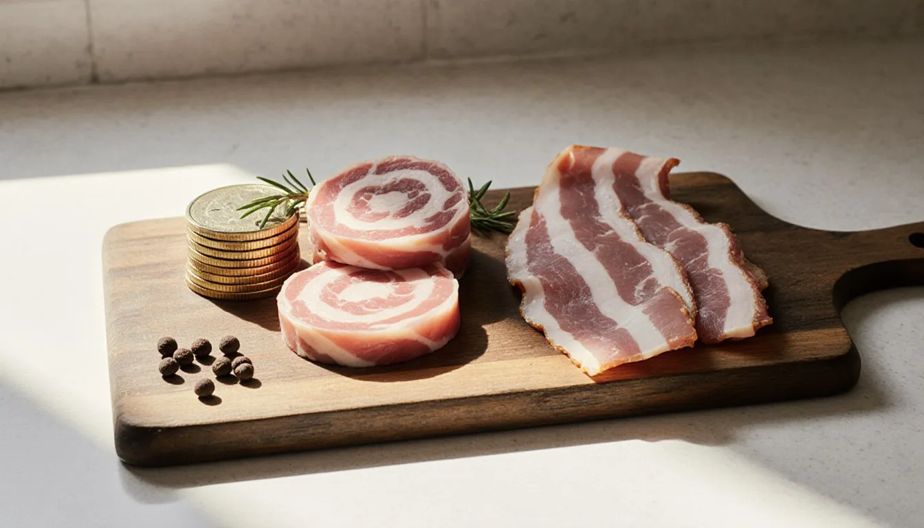 Rolled pancetta coins next to raw striped bacon slices on a wooden cutting board