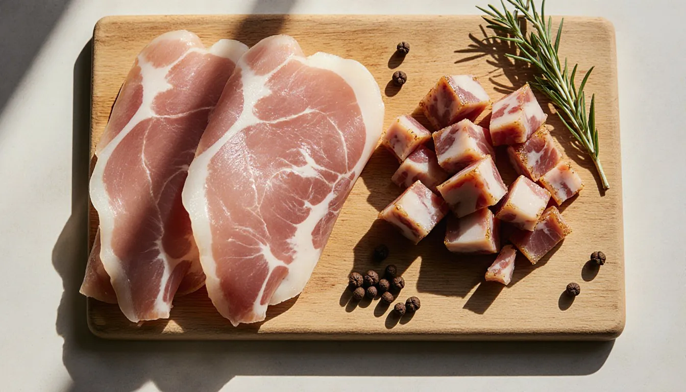 Thin-sliced prosciutto and diced pancetta arranged side by side on a wooden board