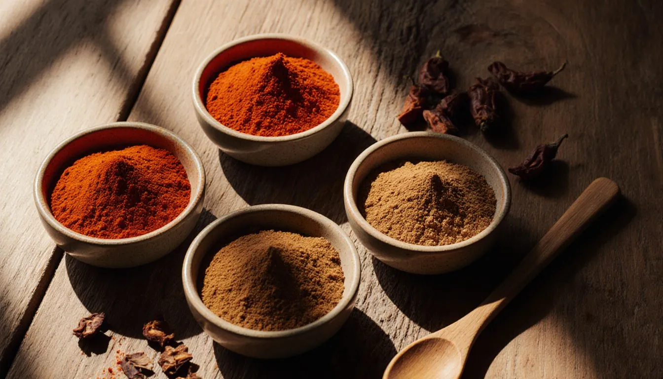Bowls of paprika and substitute spices like chili powder and cayenne arranged on a wooden counter