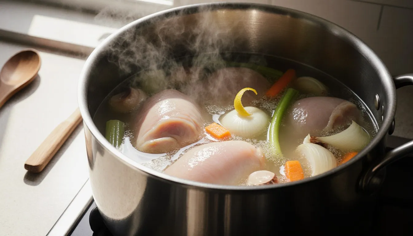 Chicken pieces parboiling in a pot of broth with onion, carrot, and garlic