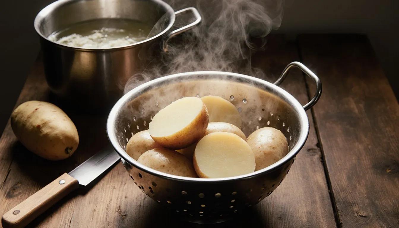 Halved potatoes freshly parboiled and steaming in a colander on a wooden kitchen counter