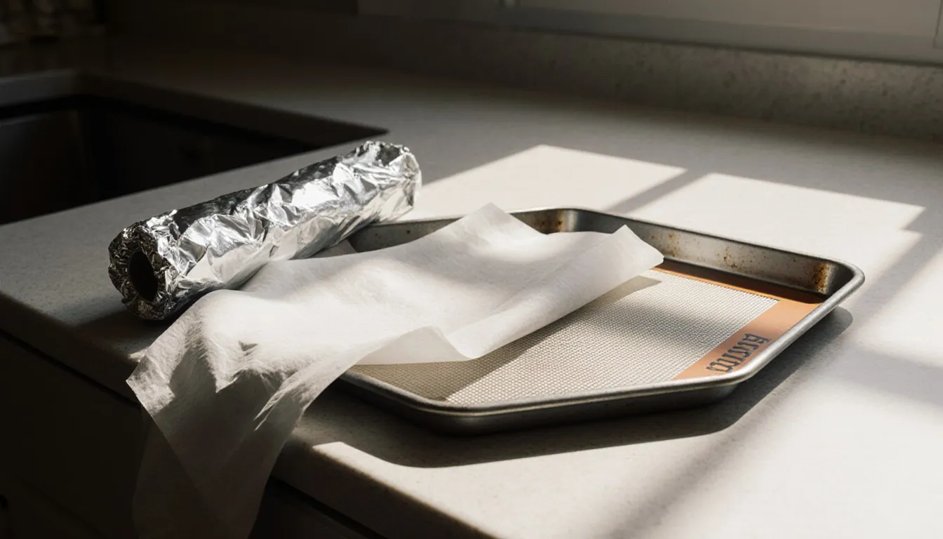 A silicone baking mat, aluminum foil, and folded wax paper arranged on a baking sheet as parchment paper alternatives