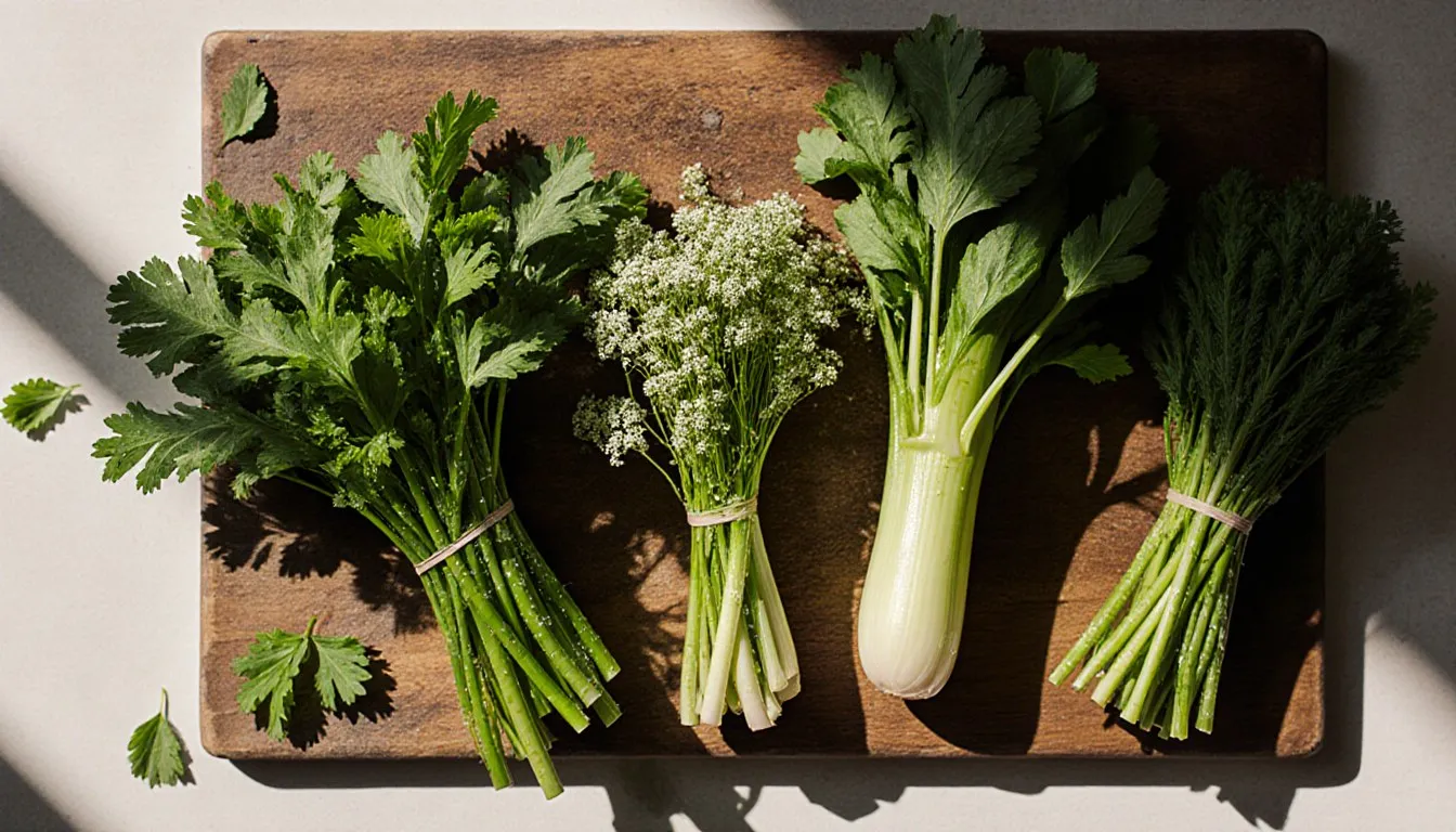 Fresh cilantro, chervil, and celery leaves arranged beside curly and flat-leaf parsley on a wooden board