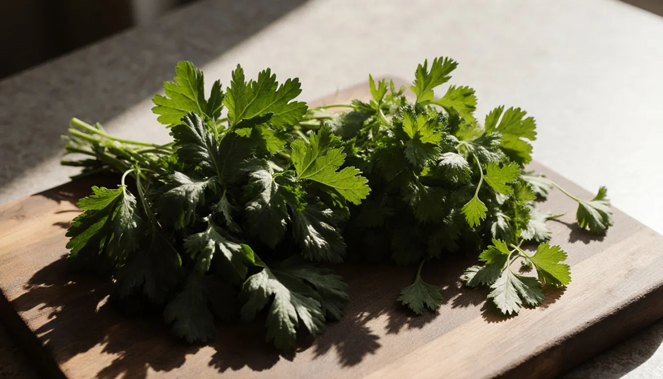 Bundles of flat-leaf parsley and cilantro side by side, showing their different leaf shapes