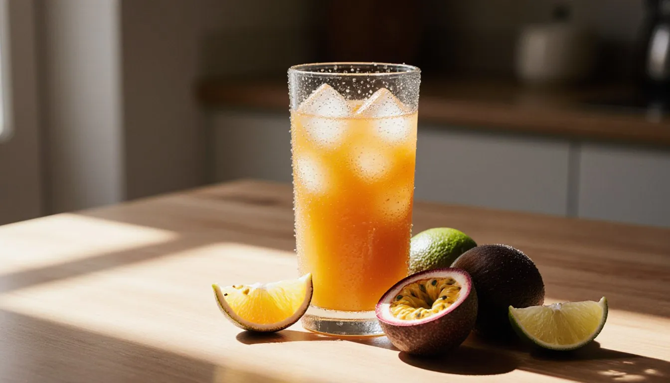 Glass of passion fruit juice with ice, beside halved passion fruit and citrus wedges