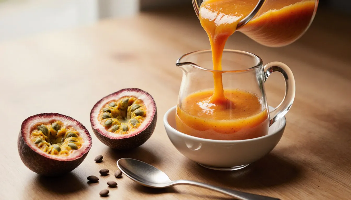 Fresh passion fruit puree pouring from a glass pitcher beside halved passion fruits on a kitchen counter