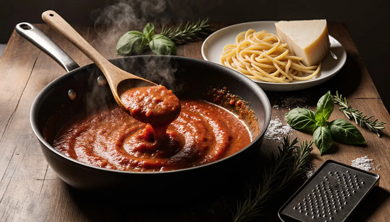 A wooden spoon lifting thick tomato sauce from a skillet, with a plate of spaghetti, fresh basil, rosemary, and a Parmesan wedge alongside