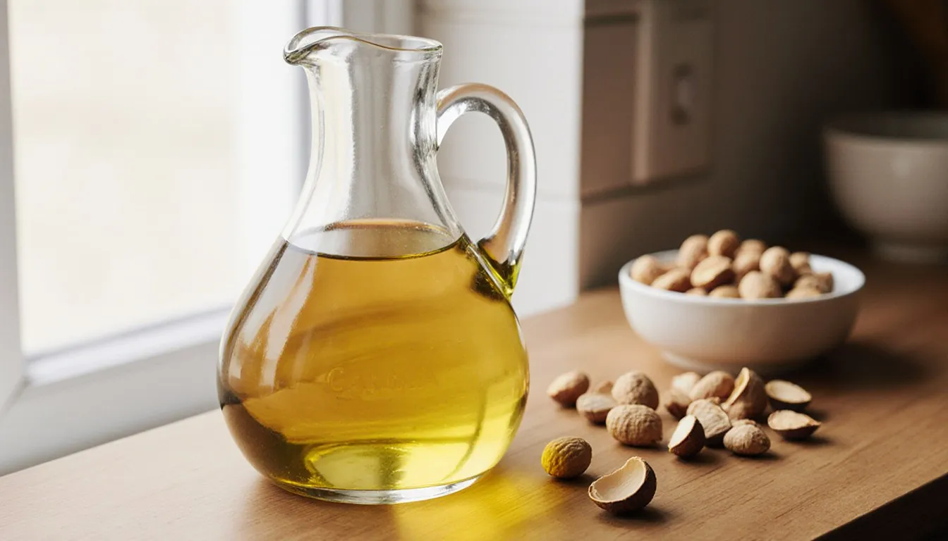 A cruet of canola oil beside a scattering of peanuts on a wooden counter, suggesting a substitute for peanut oil