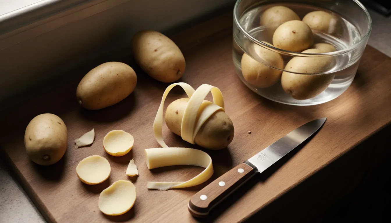 A potato being peeled on a kitchen counter, with peeled potatoes resting in a bowl of water nearby