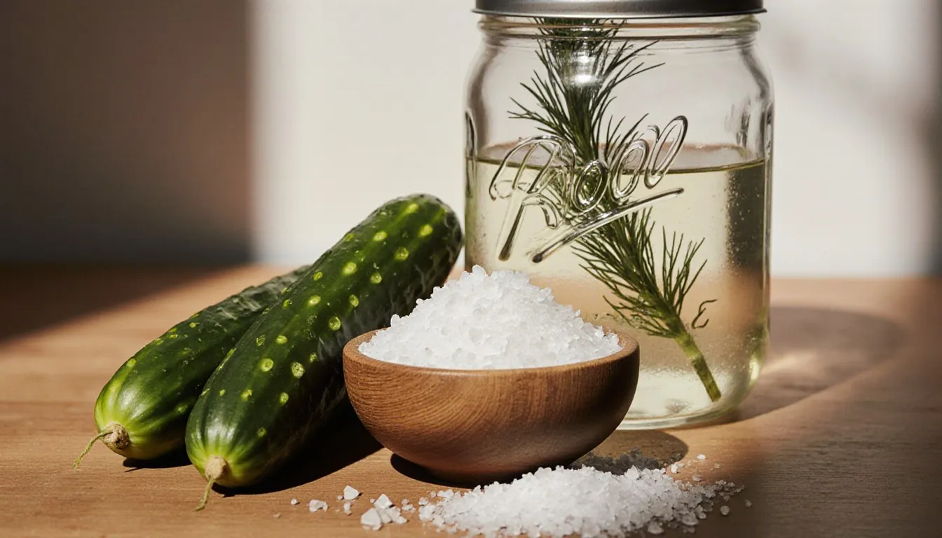 Coarse pickling salt in a bowl with fresh cucumbers and a jar of brine on a wooden counter
