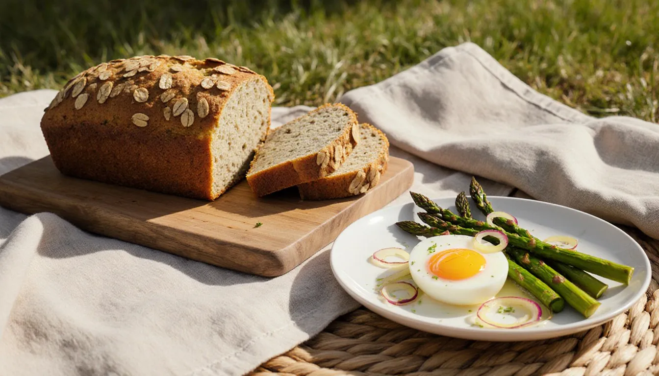 Sliced honey oatmeal bread beside a plate of eggs with roasted asparagus and shallots on a picnic blanket