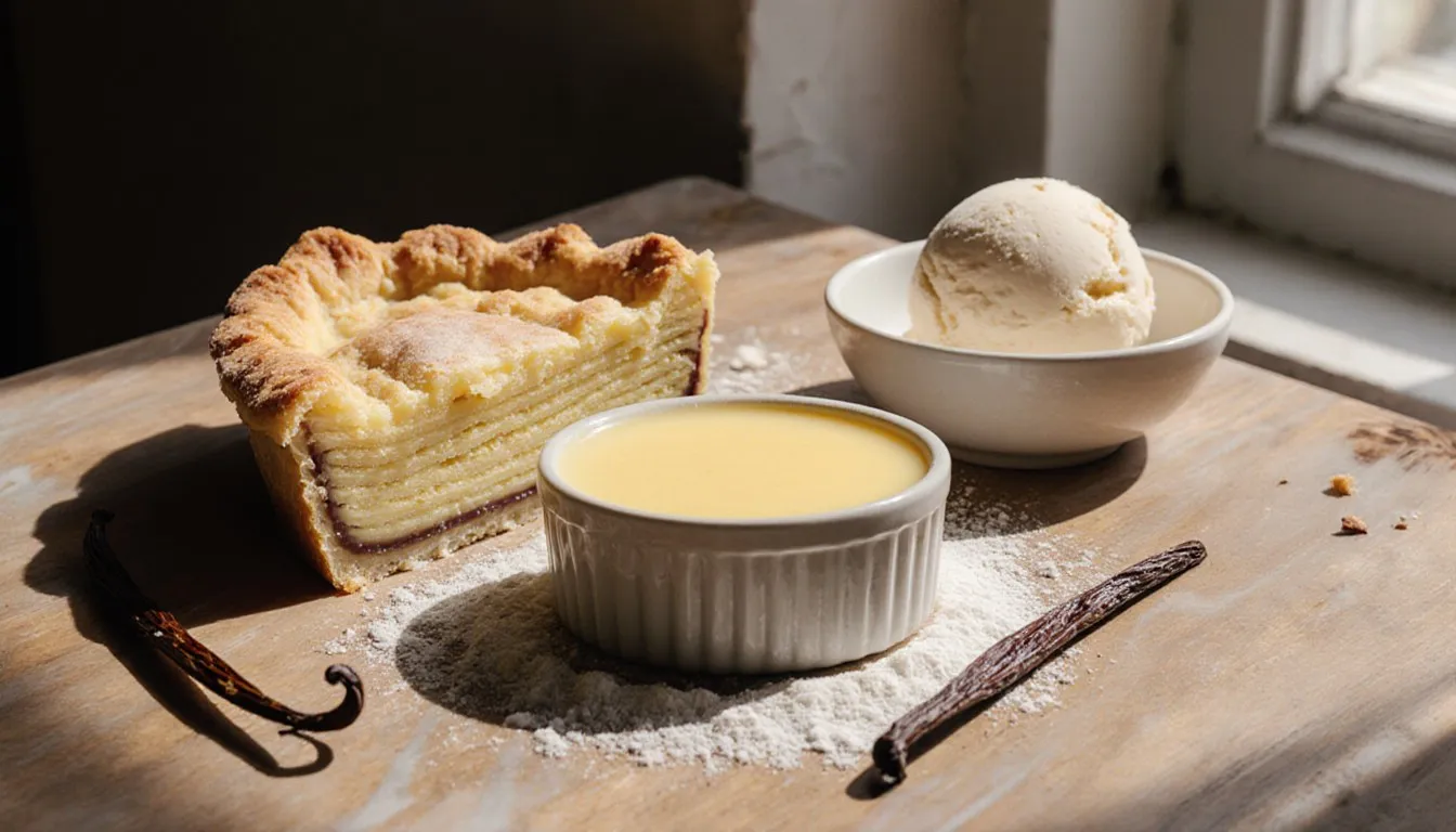 A slice of pie with flaky crust, a baked custard, and a scoop of ice cream arranged together on a wooden surface